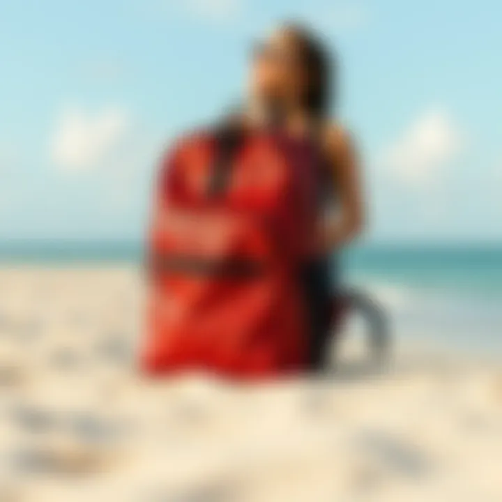 Stylish mesh backpack on sandy beach