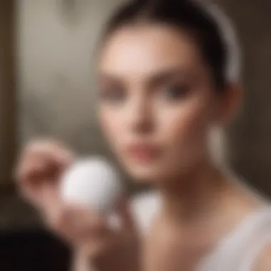 User applying powder with a puff in a luxurious setting