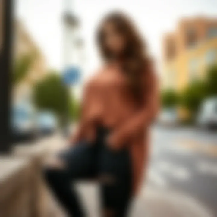 A model showcasing different styling options with plus size black distressed leggings