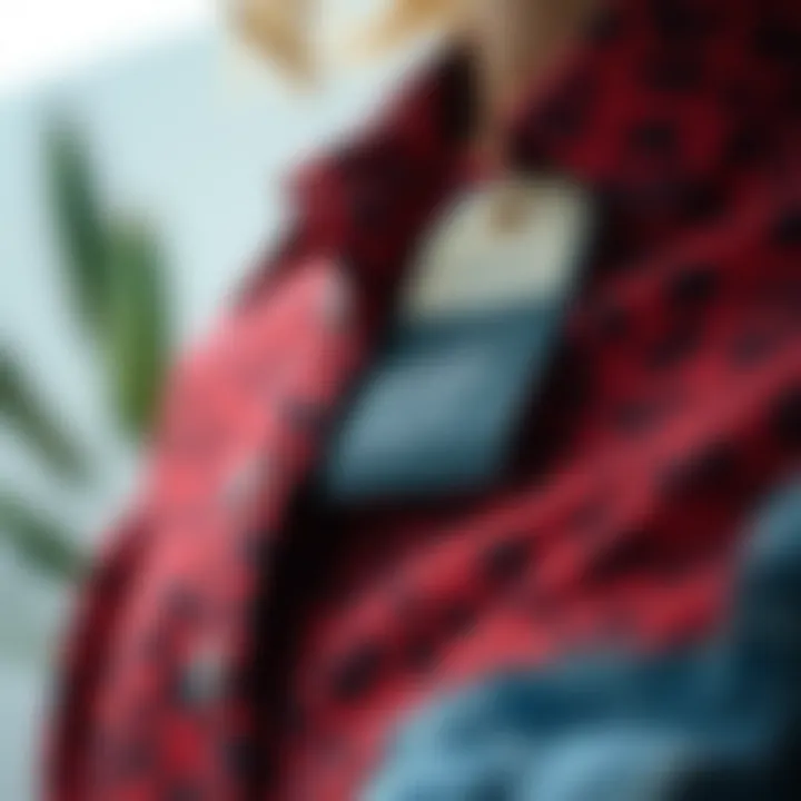 An eco-friendly label attached to a red leopard print shirt representing sustainable fashion.