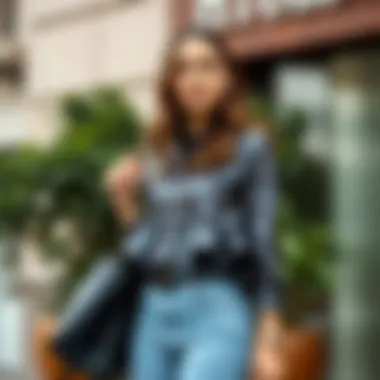 Casual outfit combining a sequin peplum top with denim for day wear