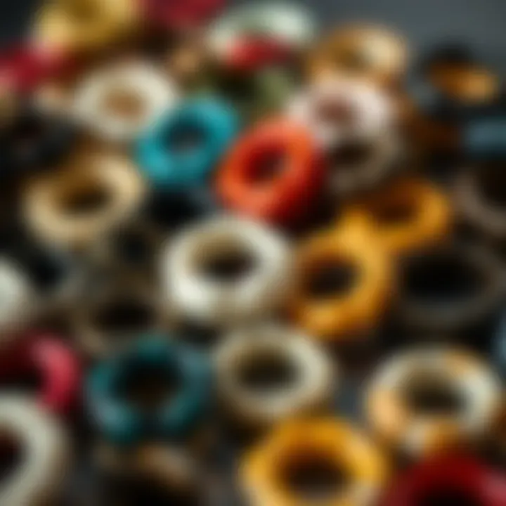 A display of various bone septum rings highlighting the diversity in styles and colors.