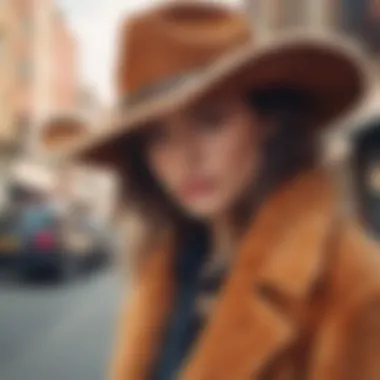 Fashionable individuals wearing fuzzy cowboy hats in a vibrant urban setting