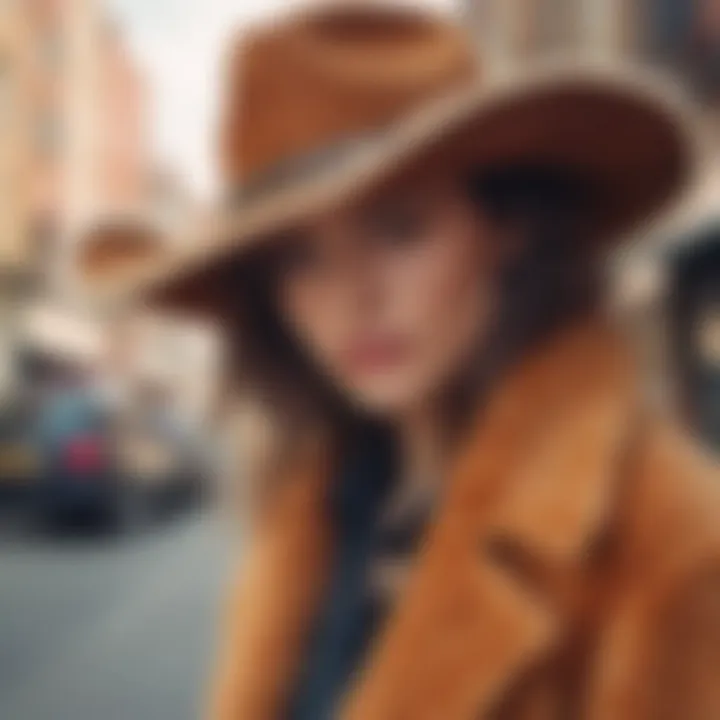 Fashionable individuals wearing fuzzy cowboy hats in a vibrant urban setting