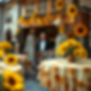 Urban store display featuring sunflower tablecloths